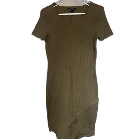 Express Green Ribbed Midi Dress Women’s Size S Short Sleeve with Front V Hem - Picture 1 of 6